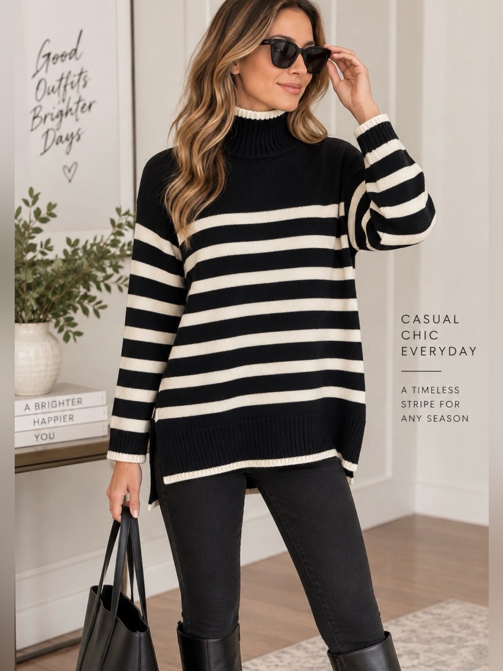 H&M Black & Cream Striped Turtleneck Sweater (Size S, Like New) 👇